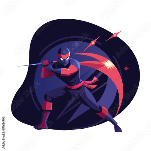 Ninja character in fighting pose, flat illustration