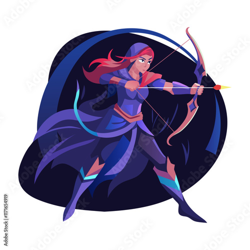 A flat style character illustration of a bowwoman