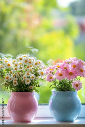 Beautiful blooming flowers in pastel pots by a bright window on a sunny day