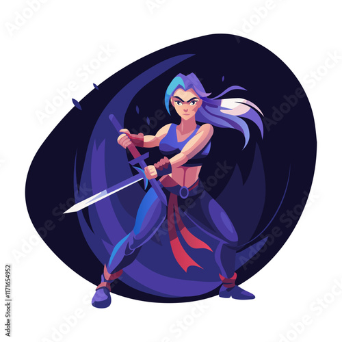 A flat character illustration of a swordswoman