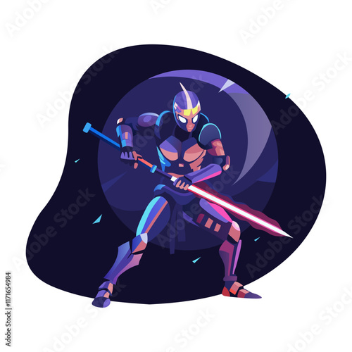 Armoured warrior in fighting pose, flat style illustration