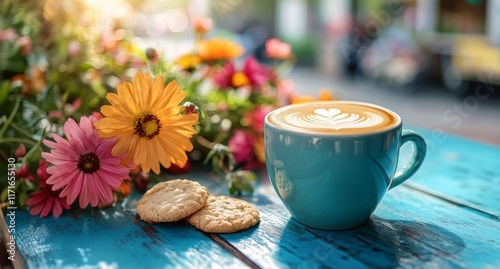 Coffee cup with flower and cookie on blue table surrounded by vibrant blooms ...