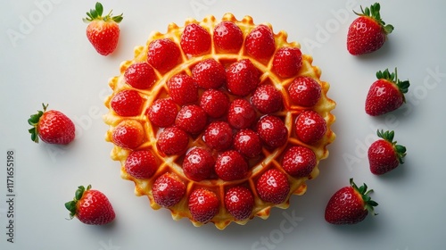 Fresh strawberries on waffles with honey and edible flowers in bright sunlight
