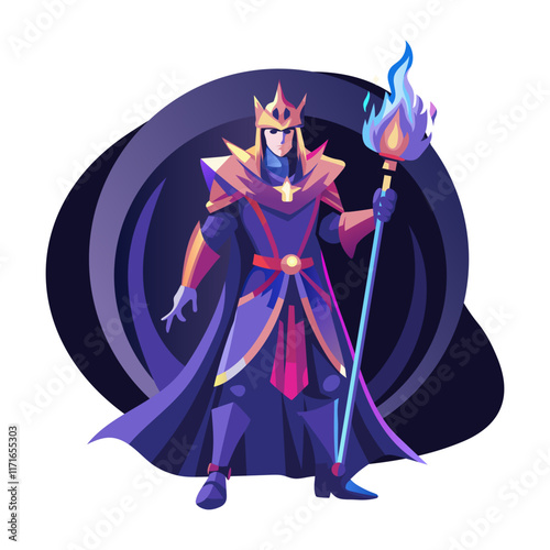 A flat character illustration of mage king with fire staff