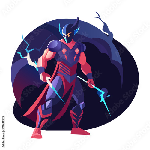 Flat character illustration of a powerful lightning warrior