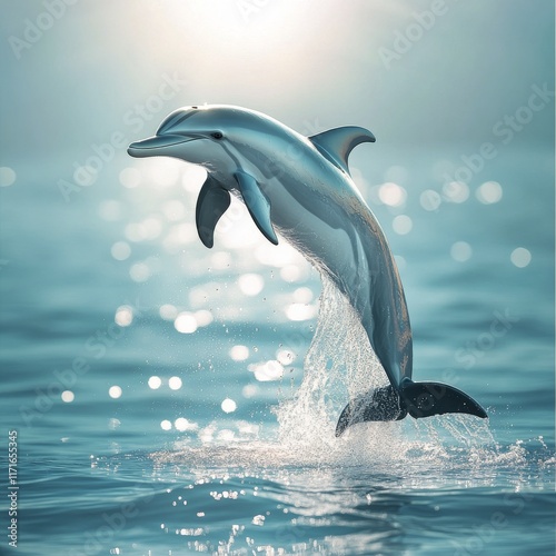 Dolphin leaps gracefully out of clear blue water under sunlight