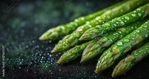 Freshly harvested asparagus glistening with morning dew in a lush garden setting