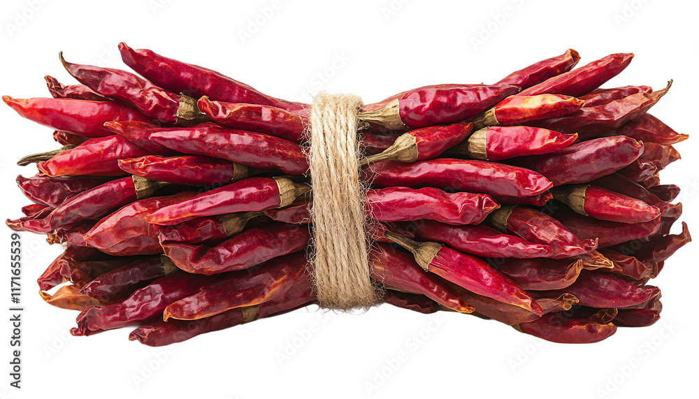 A string of dried red chili peppers tied together with rustic twine on a transparent background, Dried Red Chili Garland on a transparent background A string of dried red chili peppers tied together with rustic twine on a transparent background, Dried Red Chili Garland on a transparent background