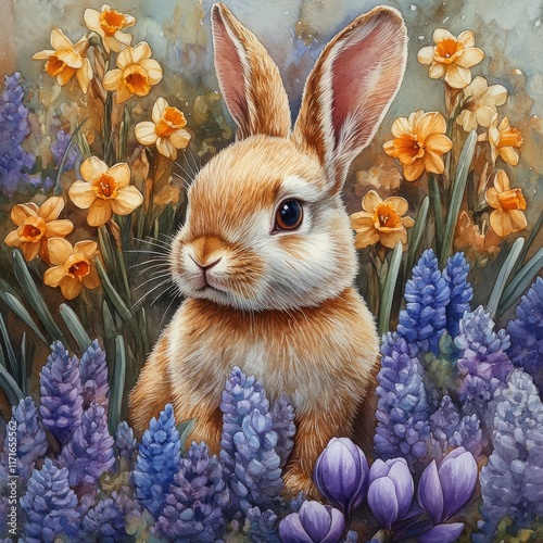 Cute brown bunny surrounded by colorful spring flowers in a vibrant garden se...