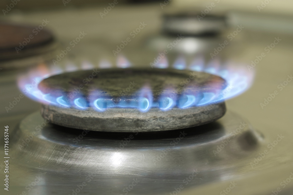 Gas blue flame of a steel gas stove Gas blue flame of a steel gas stove