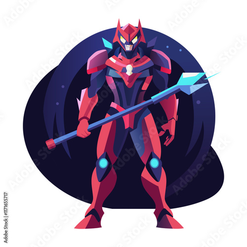 Futuristic warrior holding out a staff, flat illustration