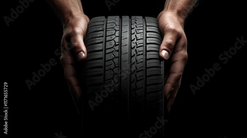 Mechanic holding a new car tire at the shop, potential usecase for automotive and maintenance services photo