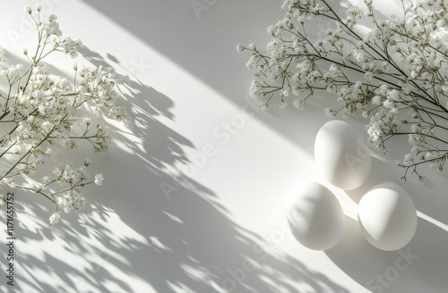 Elegant white eggs and delicate flowers on a light background showcasing soft...