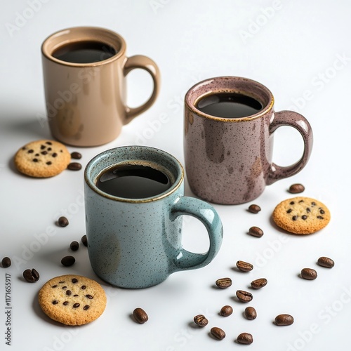 Colorful coffee mugs with cookies and coffee beans on a white surface