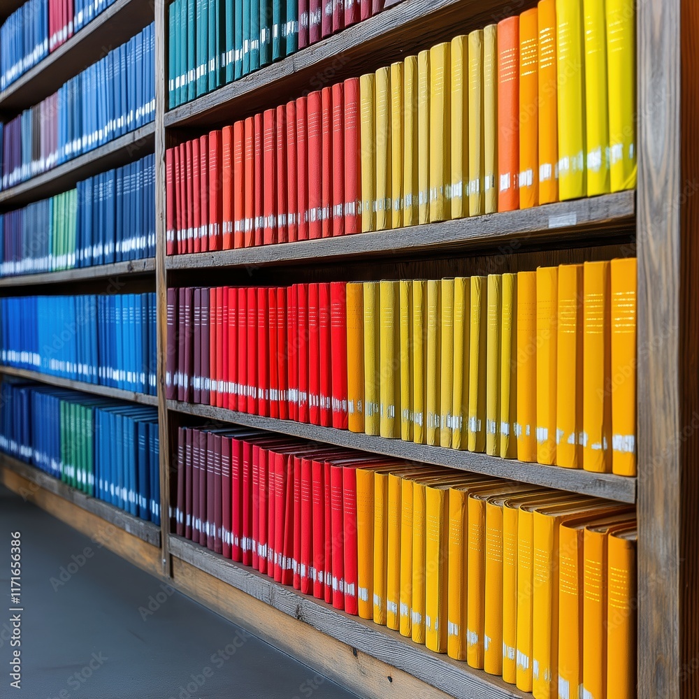 A vibrant bookshelf filled with colorful books in various shades and hues. A vibrant bookshelf filled with colorful books in various shades and hues.