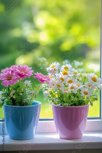 Beautiful blooming flowers in pastel pots by a bright window on a sunny day