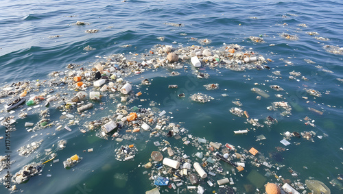 The image illustrates the severe pollution in the ocean, with a large collection of plastic waste and debris contaminating the water surface, highlighting environmental neglect. photo