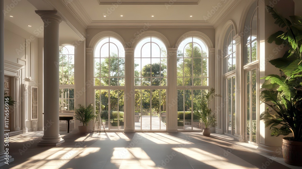 spacious interior featuring grand columns and large windows filled with natural light emphasizing the openness and elegance of the architectural design in a 3d rendering spacious interior featuring grand columns and large windows filled with natural light emphasizing the openness and elegance of the architectural design in a 3d rendering