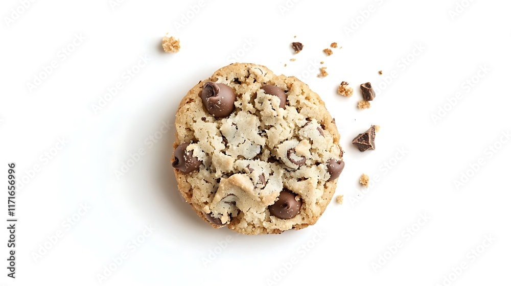 Isolated small chocolate chip cookie with a crumbly texture isolated on solid white background.