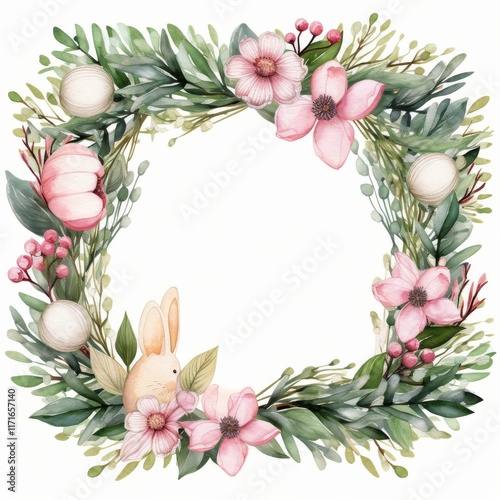 Floral wreath with bunny, blooms, and greenery suitable for spring or Easter ...