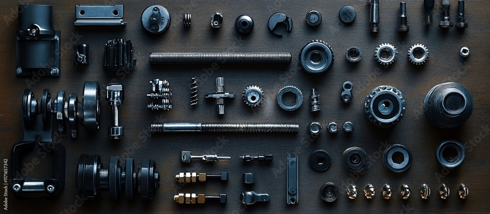 Dark Mechanical Parts Arranged on a Wooden Surface Dark Mechanical Parts Arranged on a Wooden Surface