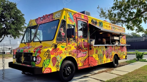 Vibrantly painted food truck, parked outdoors.