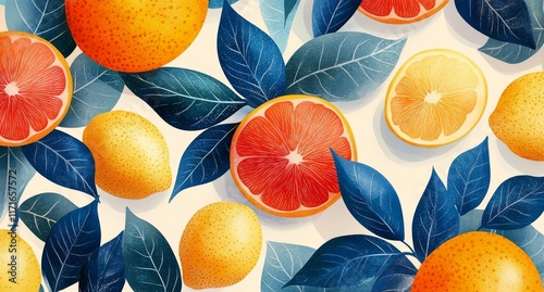 Bright citrus fruits with vibrant leaves on a clean background creating an ap...