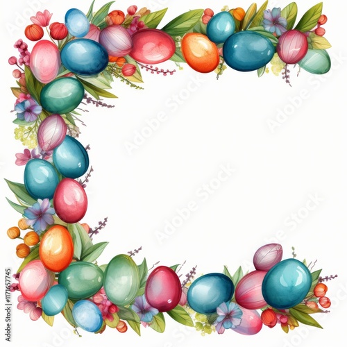 Spring floral wreath with colorful Easter eggs surrounded by leaves and flowers