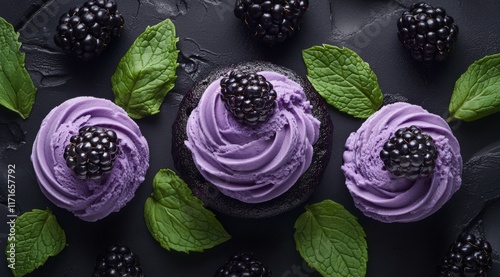 Delicious blackberry ice cream with mint leaves on a dark surface