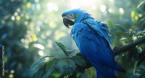 Brilliant blue parrot perched on a branch in a misty forest during the golden...