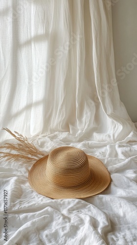 Stylish straw hat resting on a soft white fabric backdrop with natural light ...