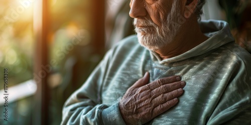 Heart health and individual experiencing chest pain, related to cardiovascular care. Includes concerns like indigestion and hypertension, focusing on wellness and elderly care