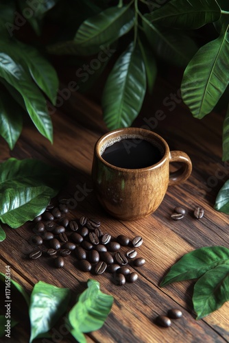 Freshly brewed coffee in a rustic cup surrounded by coffee beans and green le...