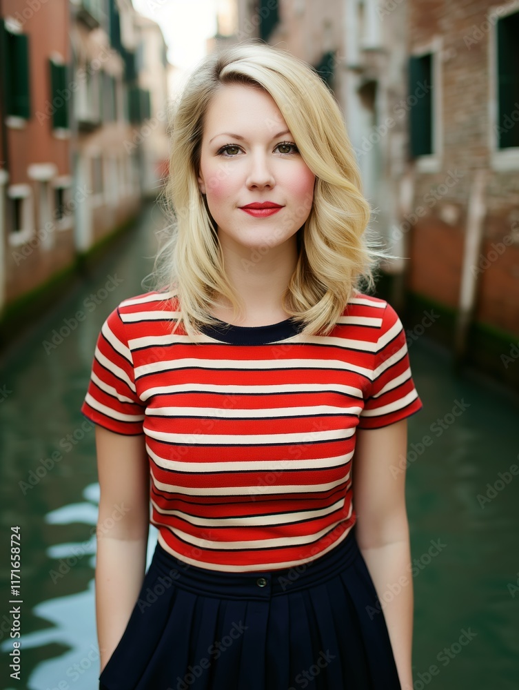 A young Caucasian woman poses confidently by a serene Venetian canal. A young Caucasian woman poses confidently by a serene Venetian canal.