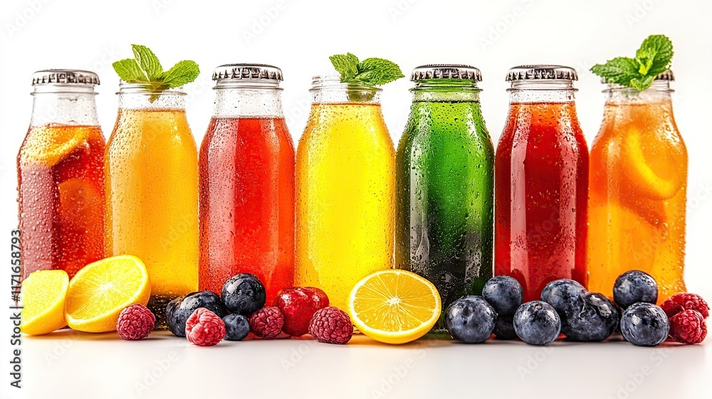 Fototapeta premium Colorful fruit-flavored beverages in glass bottles with fresh fruit.