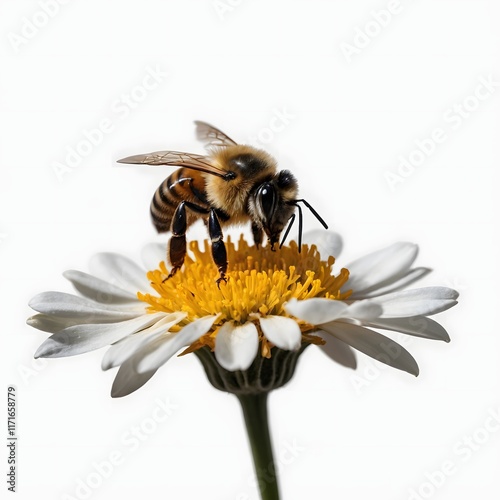 Close-Up of a Bee Pollinating a Vibrant Flower Isolated on a White Background for Nature and Education Purposes photo