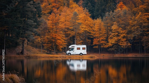 Tranquil camper van by serene lake surrounded by vibrant autumn trees in warm afternoon light photo