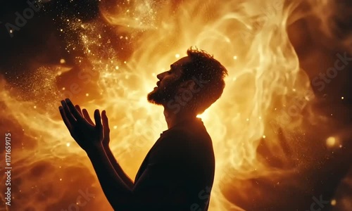 man praying and praising god on background