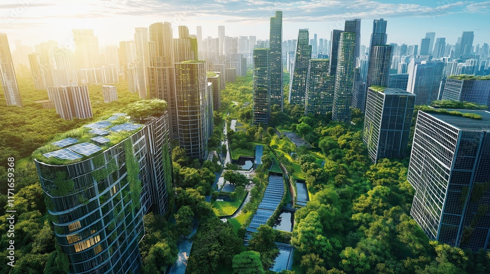 Obraz premium Futuristic city skyline with integrated solar panels and green parks promoting sustainability