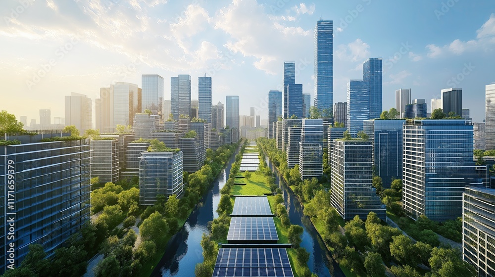 Obraz premium Futuristic city skyline with solar panels showcasing sustainable urban design
