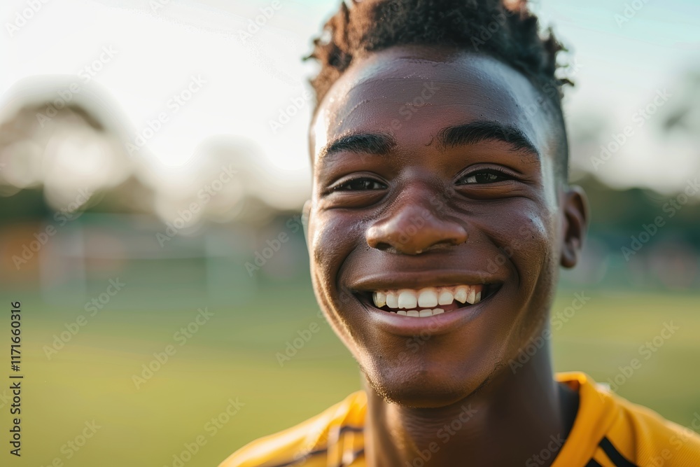 A joyful soccer player on the field, exuding confidence and motivation for victory during a competitive or training match A joyful soccer player on the field, exuding confidence and motivation for victory during a competitive or training match