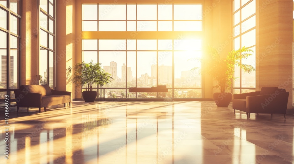 Fototapeta premium Bright, modern lobby with large windows and city view, showcasing natural light and plants.
