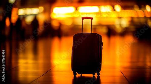 Suitcase silhouette at an airport terminal illuminated by warm golden light and blurred bokeh in the background photo