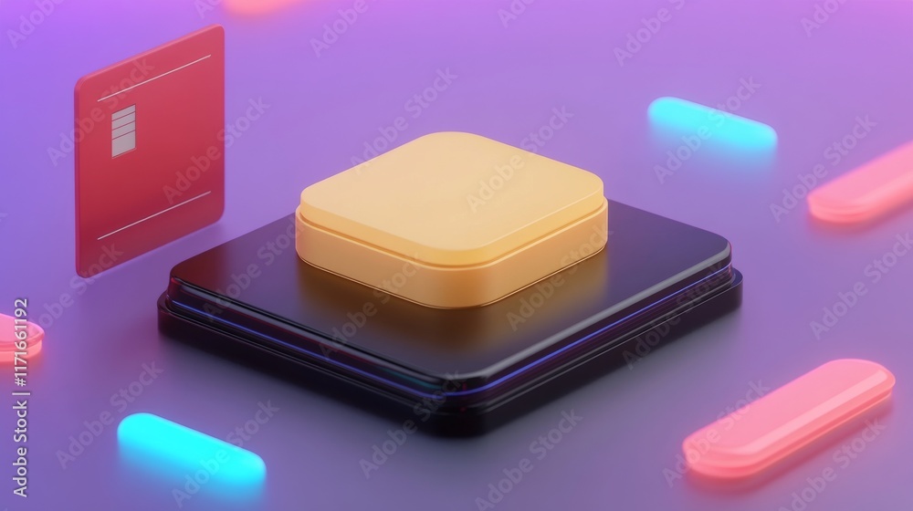 A vibrant digital image featuring a yellow square button on a black base, surrounded by colorful neon lights and a card, creating a futuristic atmosphere. A vibrant digital image featuring a yellow square button on a black base, surrounded by colorful neon lights and a card, creating a futuristic atmosphere.