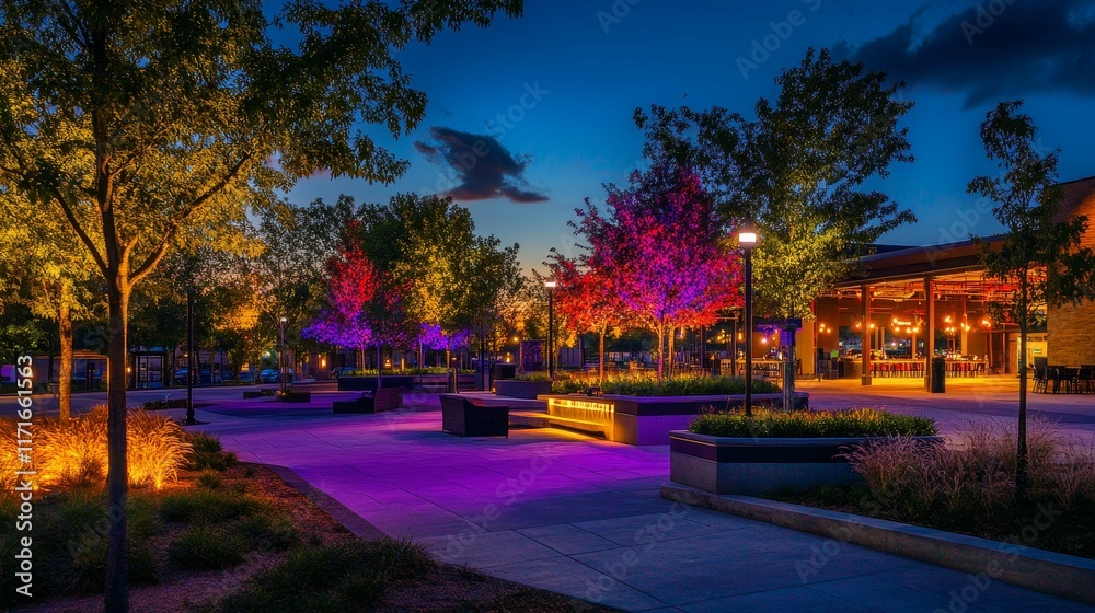 Fototapeta premium Night scene: illuminated plaza, trees, building.