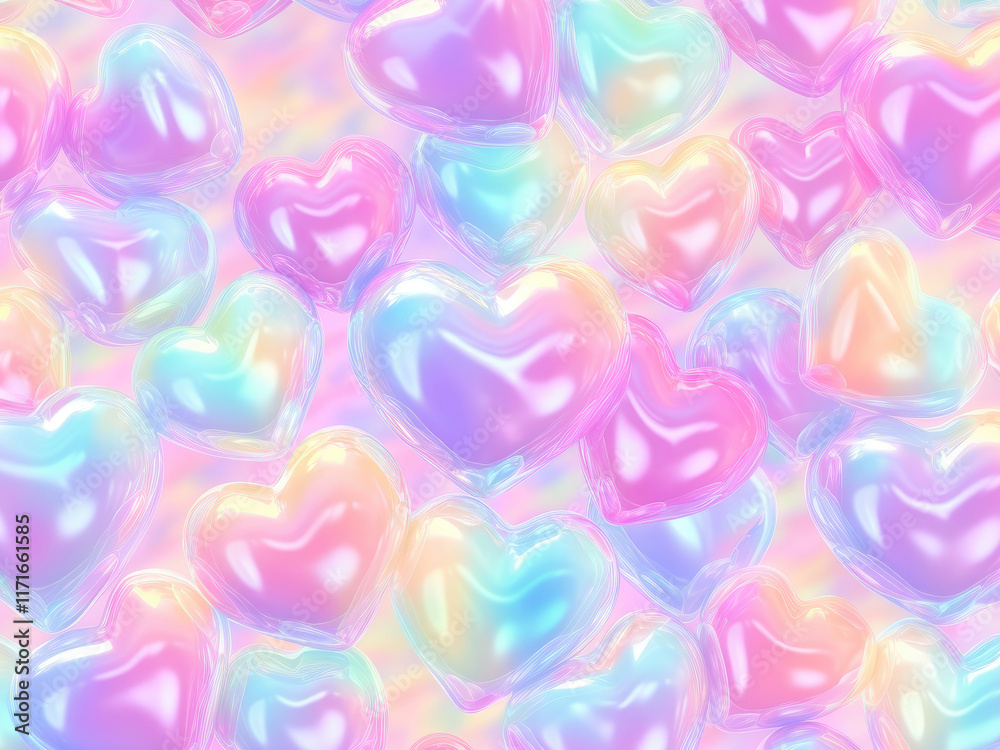 Obraz premium cute pastel hologram hearts dreamy fantasy future magical glow rainbow love wedding valentine romantic romance light shiny background