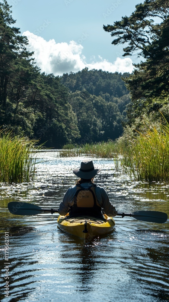 A kayaker enjoys a peaceful moment on a glistening lake, surrounded by tall grasses and trees, with morning light illuminating the water's surface beautifully. A kayaker enjoys a peaceful moment on a glistening lake, surrounded by tall grasses and trees, with morning light illuminating the water's surface beautifully.