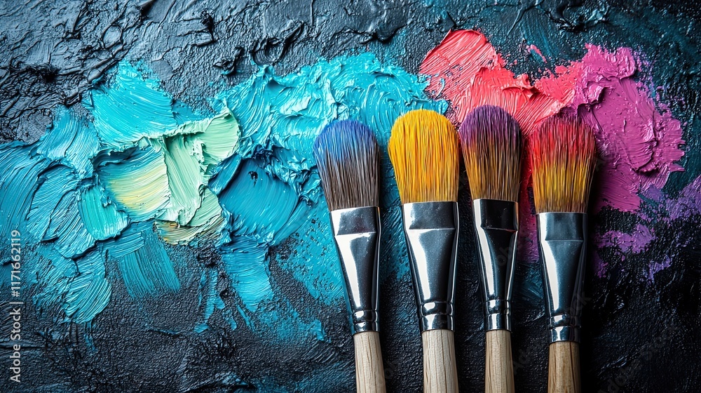 Fototapeta premium Colorful paintbrushes arranged artistically on a textured canvas with vibrant hues