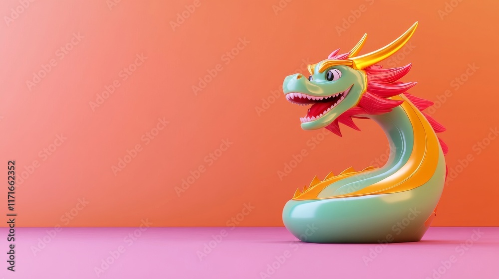 Fototapeta premium A colorful dragon figurine with a playful expression sits against a vibrant orange and pink background, showcasing its whimsical design.