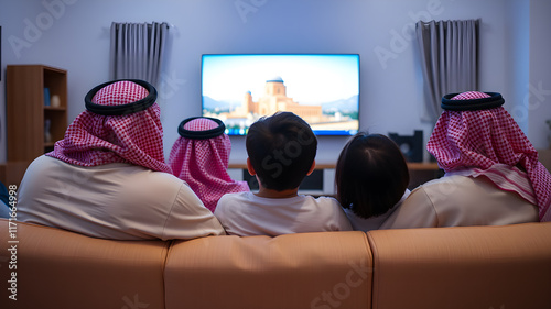 back view of a Saudi family watching tv in the living room and sitting on a couch, back view. Generative AI photo